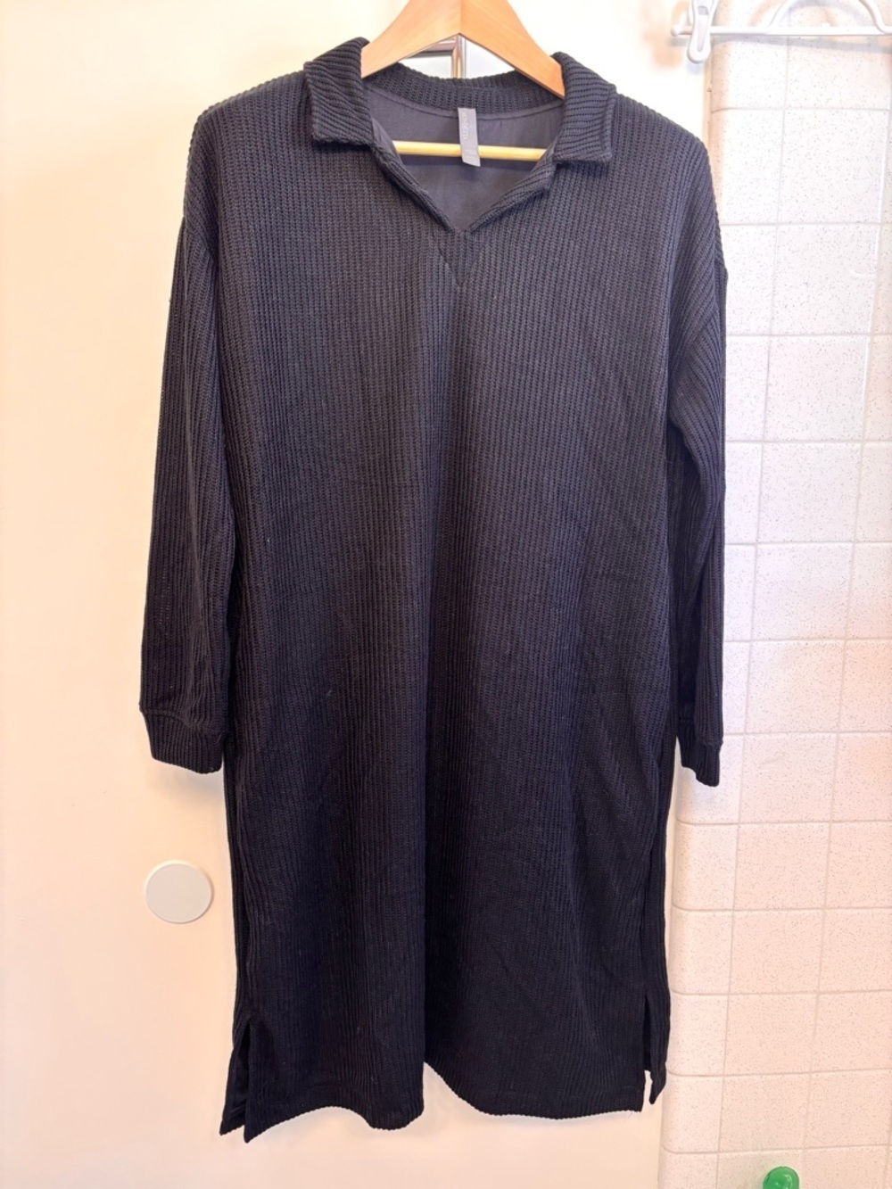 Black Travel Dress Long Sleeve Size Large Oversized Ribbed Heavy Knit Pockets - Picture 2 of 11